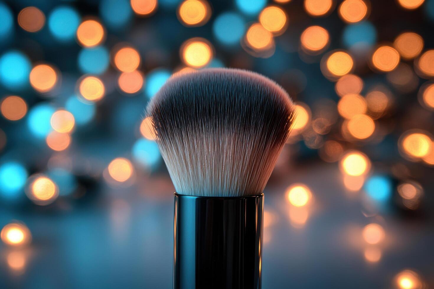 A delicate makeup brush poised over a soft blush, set against a background of lights photo