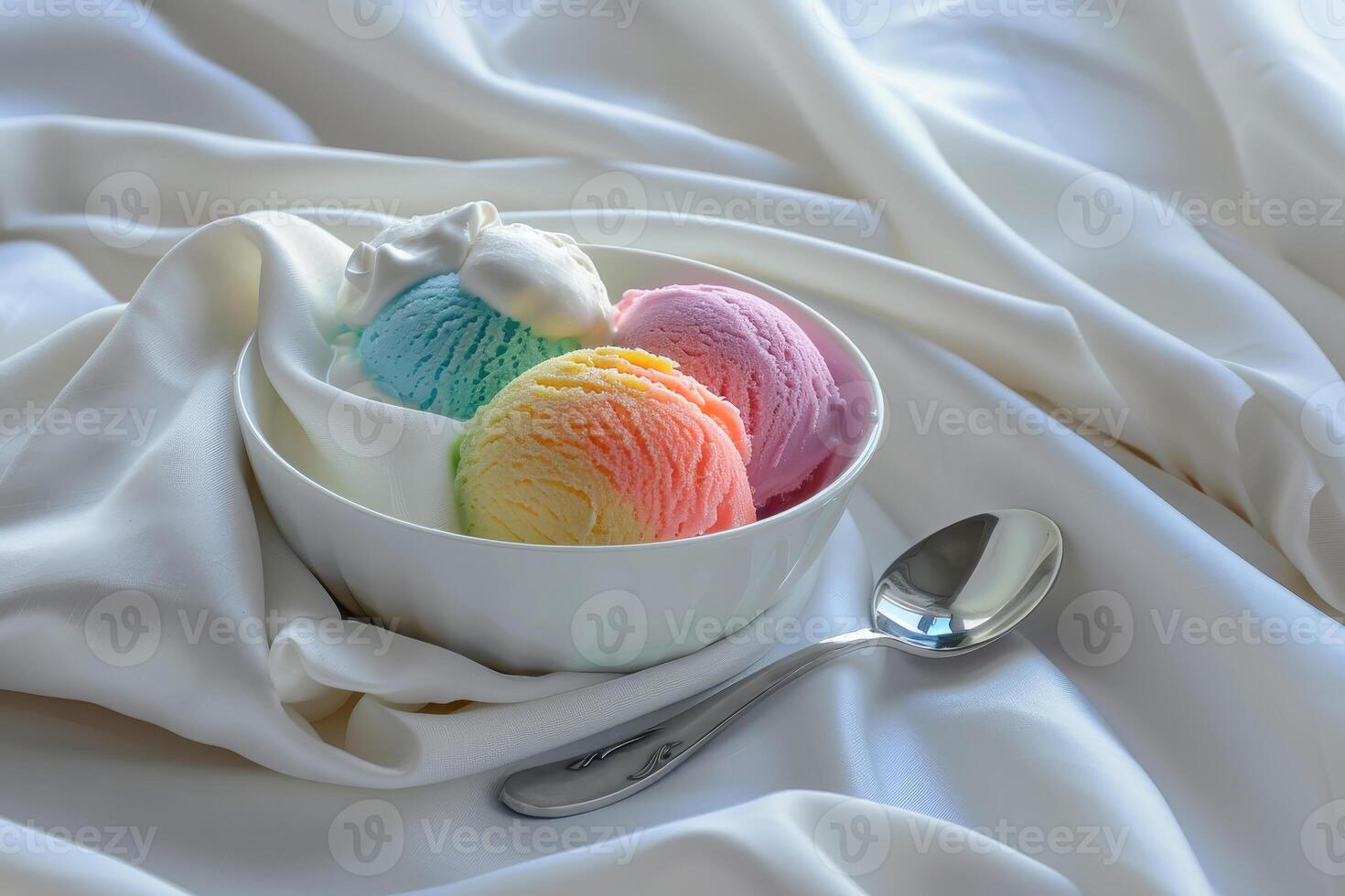 Three scoops of ice cream in a bowl with a spoon photo