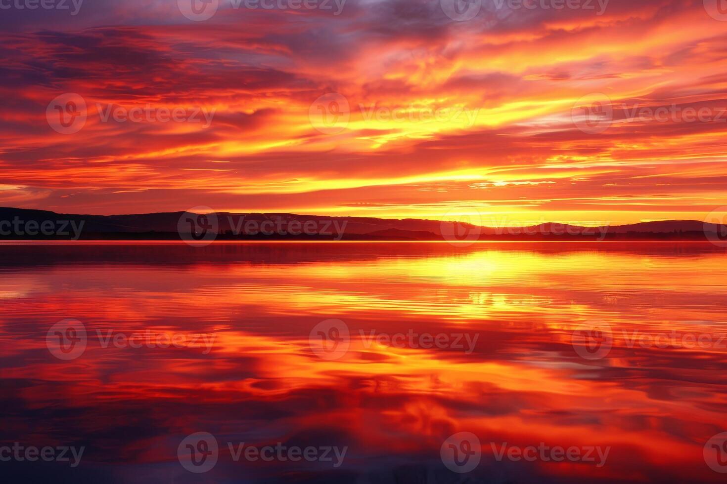 A beautiful sunset over a lake with clouds reflected in the water photo