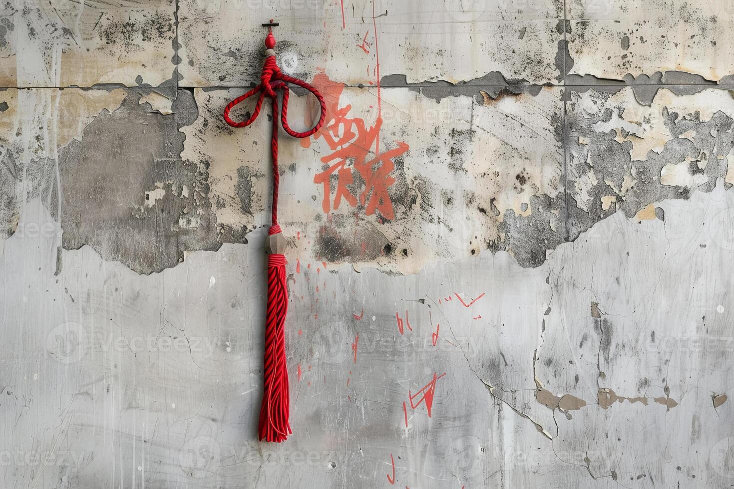A red tassel hanging from a wall photo