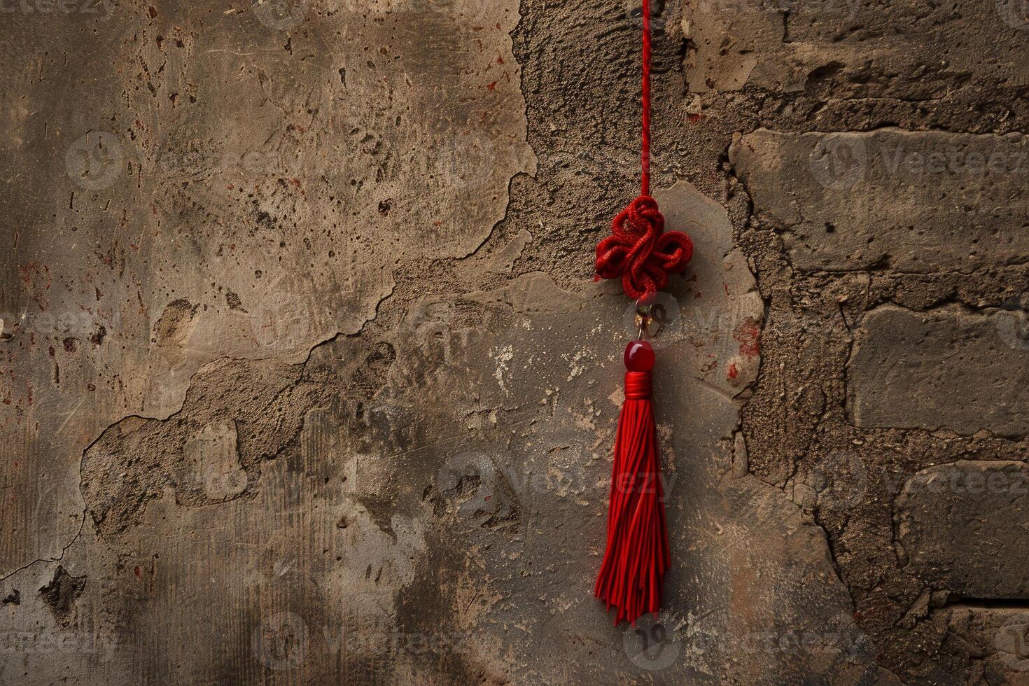 A red tassel hanging from a wall photo