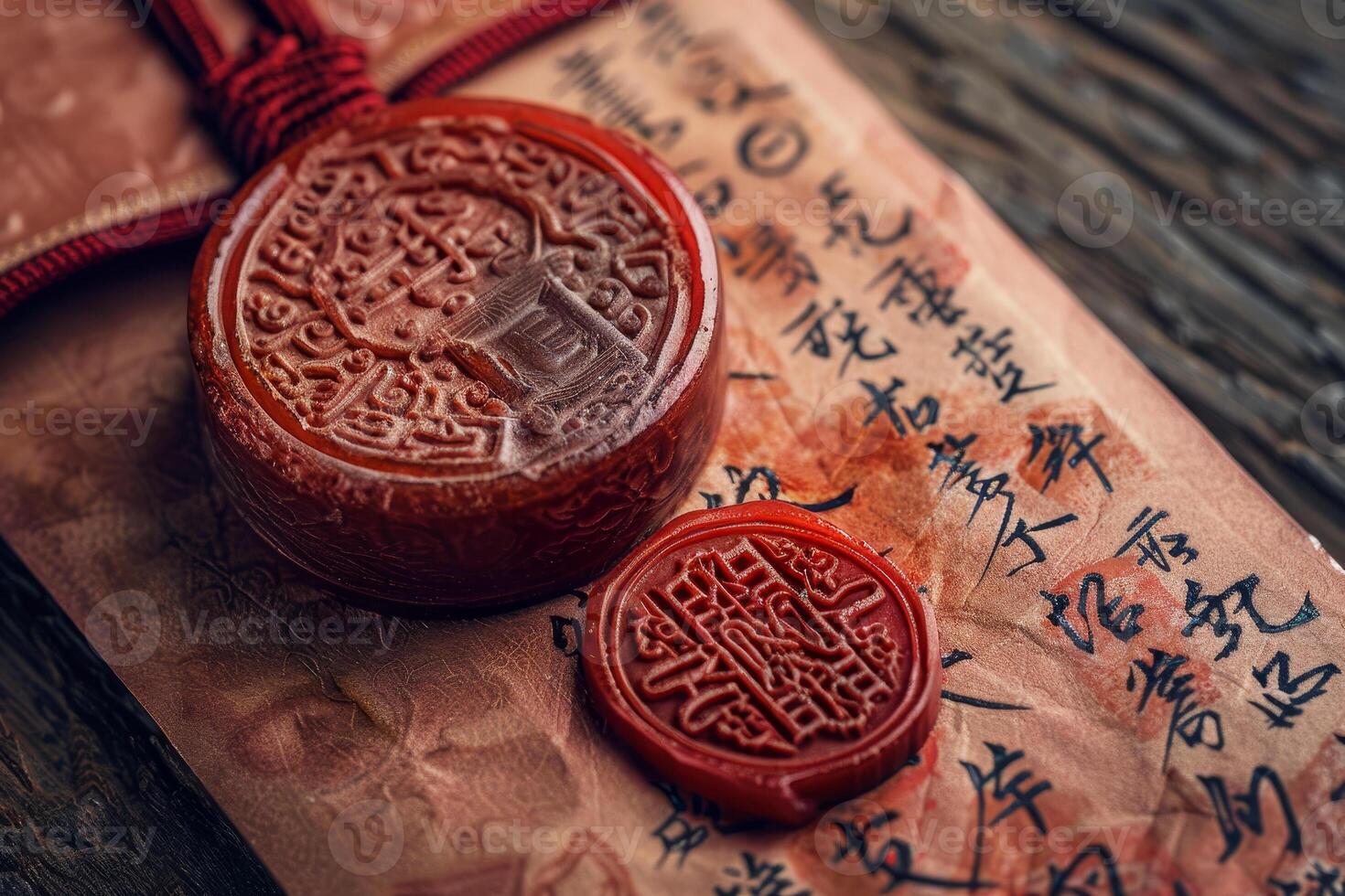 A red wax seal on a piece of paper with writing photo
