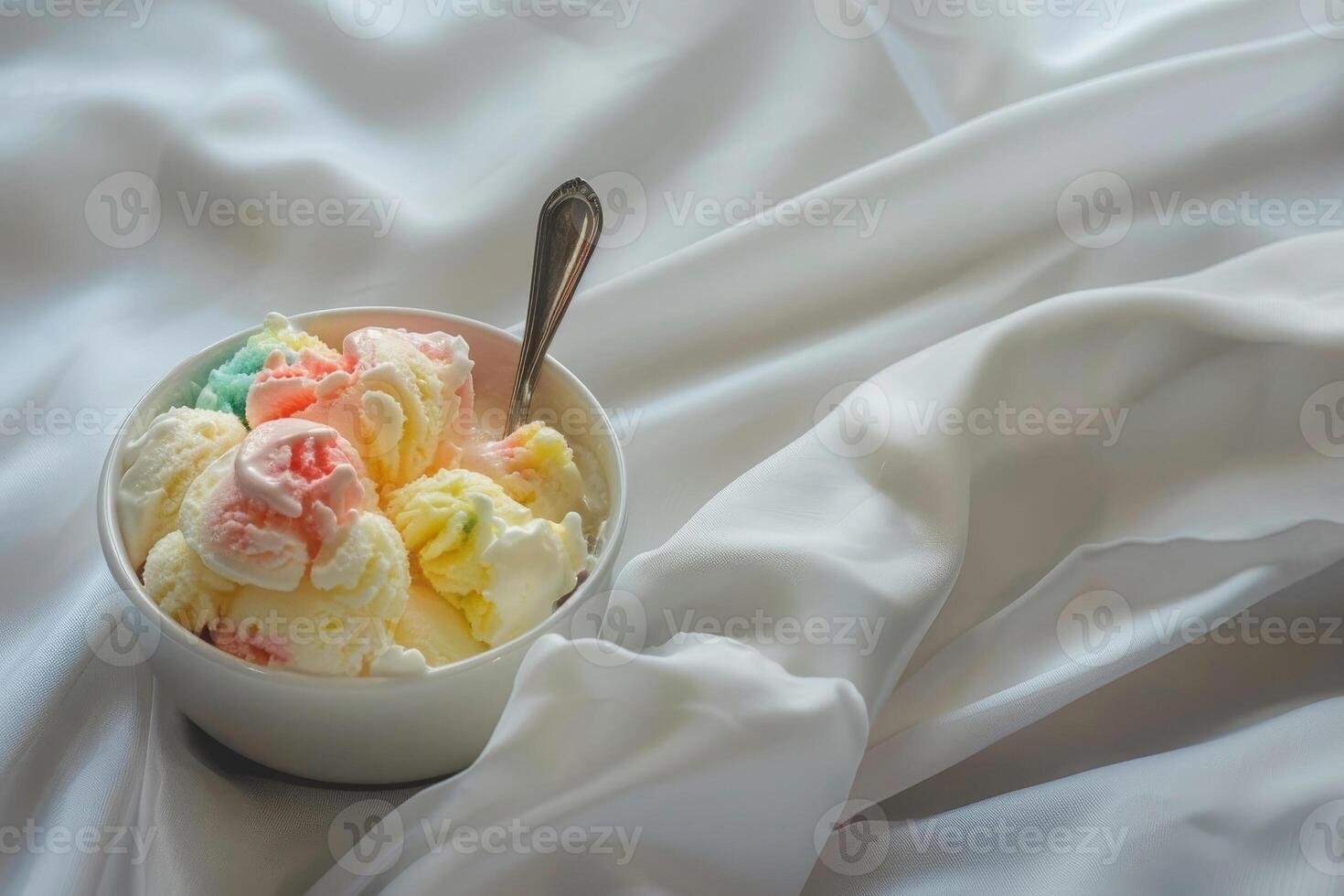 Ice cream in a bowl on a bed photo