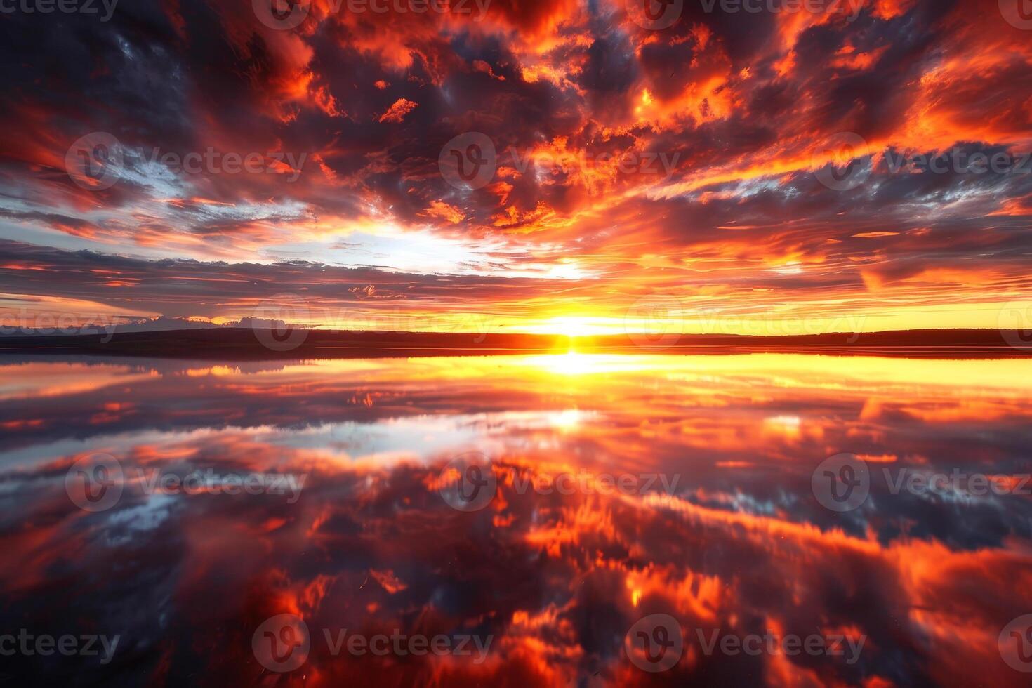 A sunset over a lake with clouds reflected in it photo