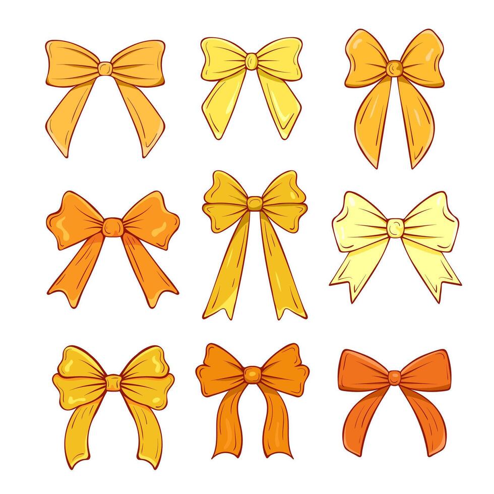 collection of cartoon bows in golden colors. Outlined colorful bows of distinct shapes and styles for creative projects, crafting, scrapbooking or decoration. vector
