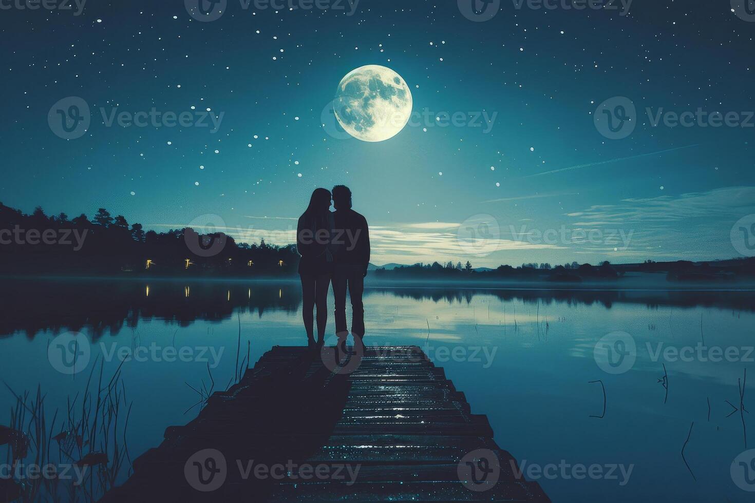Couple standing on dock looking at moon photo