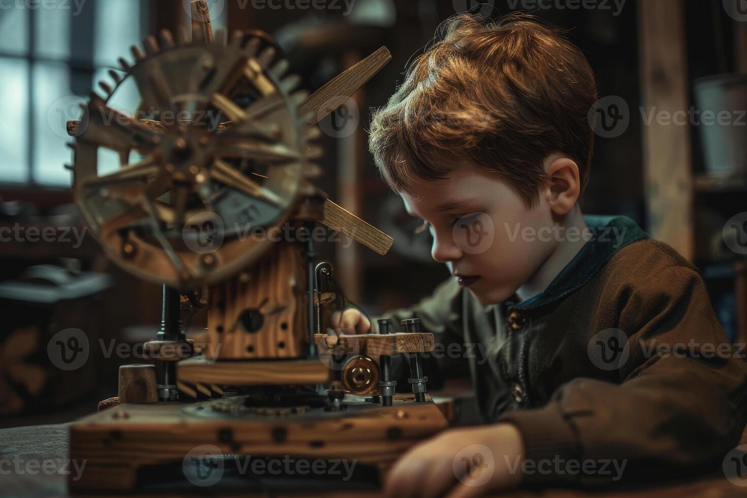 A young boy is working on a wooden model of a clock photo