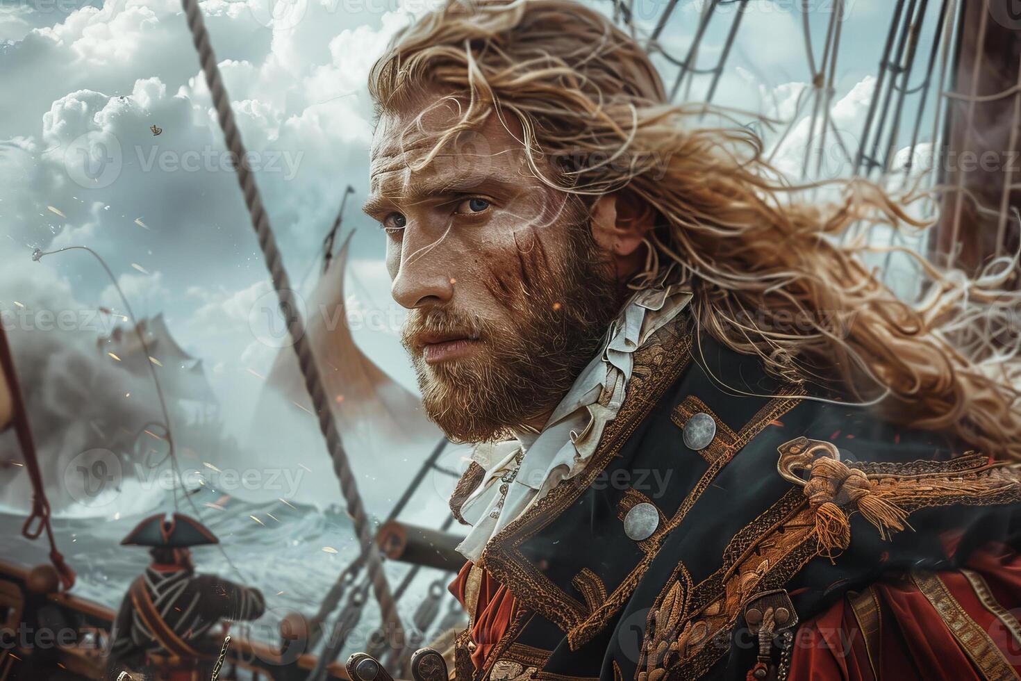 The pirate captain is on a ship in the ocean photo