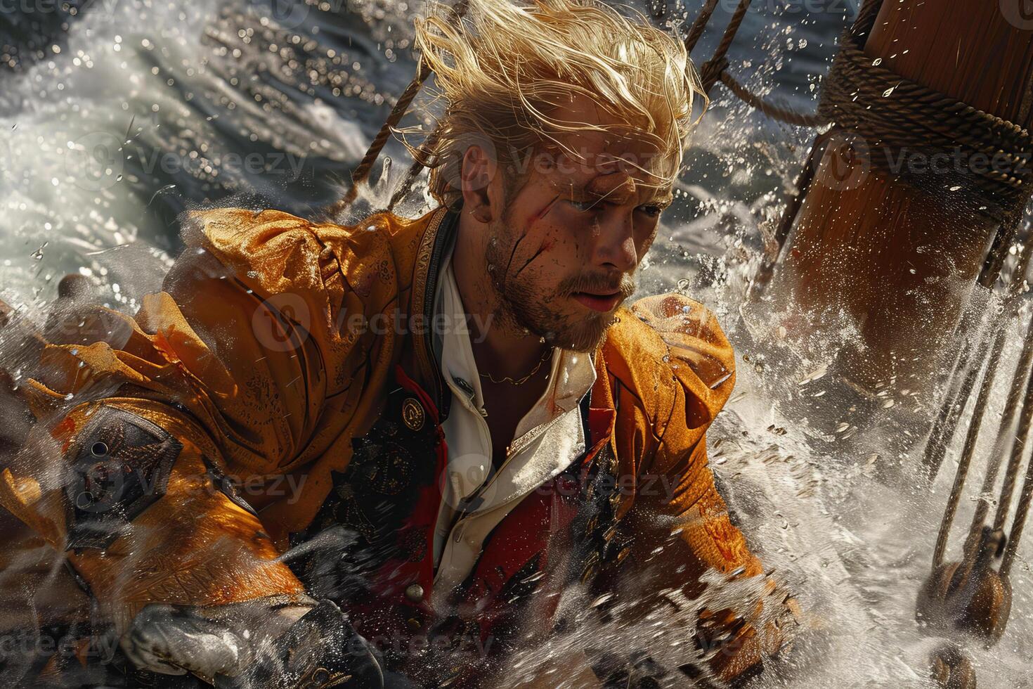 A man in an orange jacket is riding on a boat photo