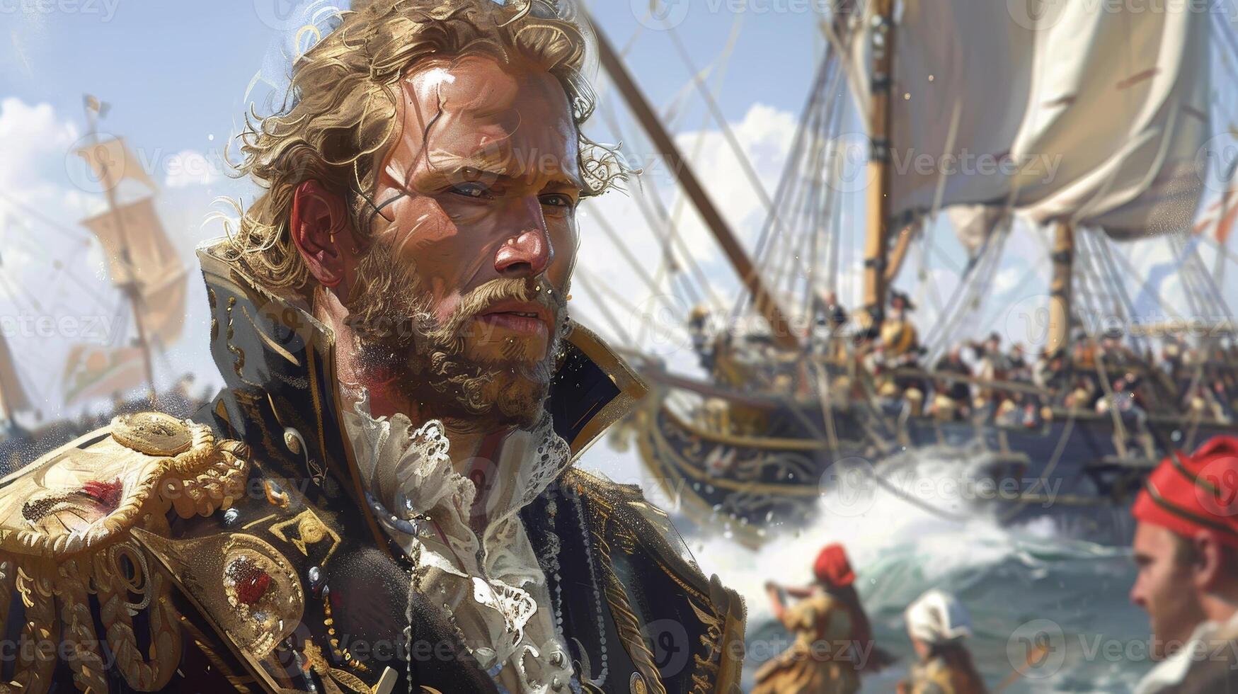 A man in pirate clothing standing in front of a ship photo