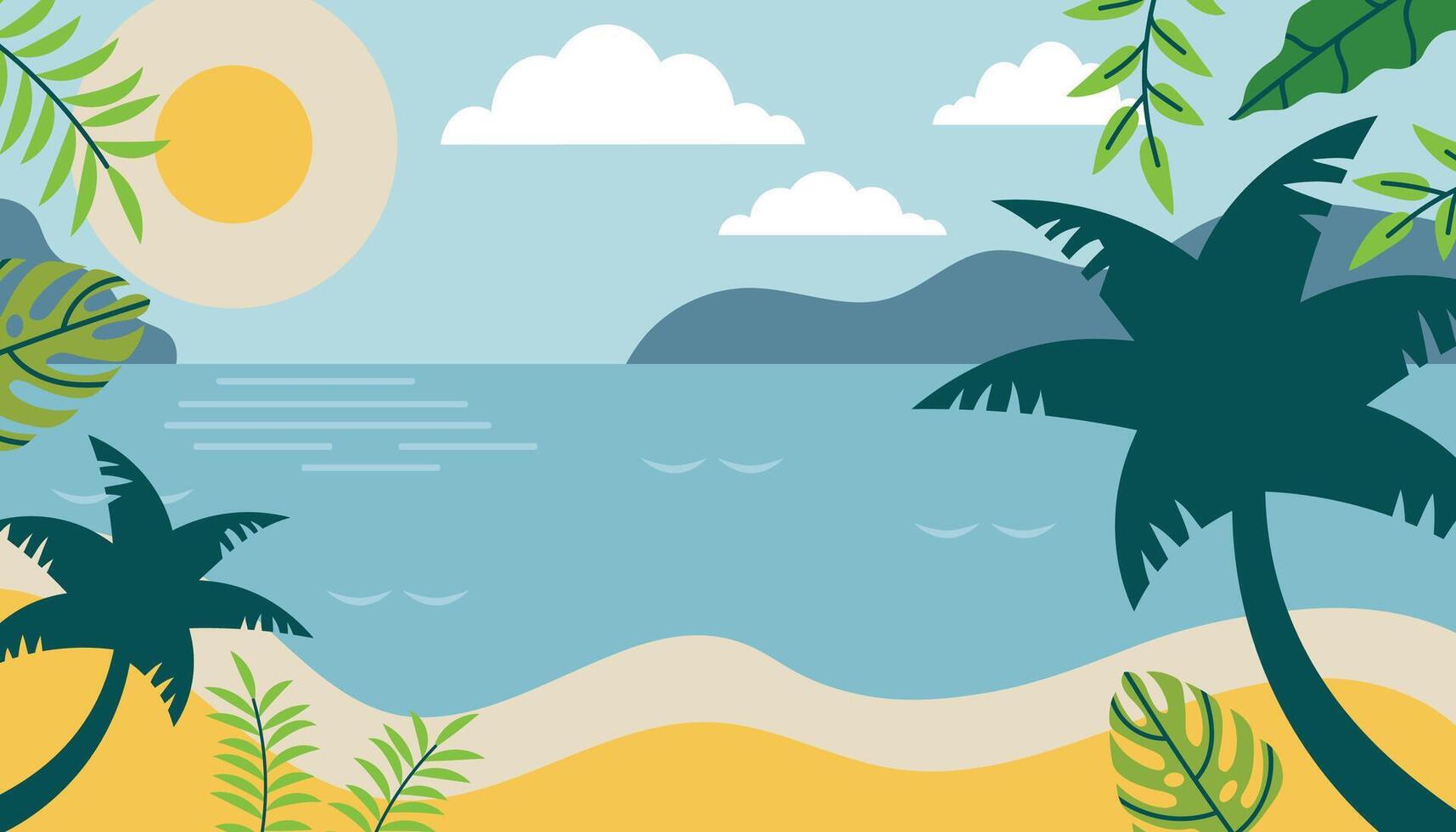 Tropical sea beach landscape with palms and tropical leaves in flat style. Island resort concept. Tourism summer card or banner. vector