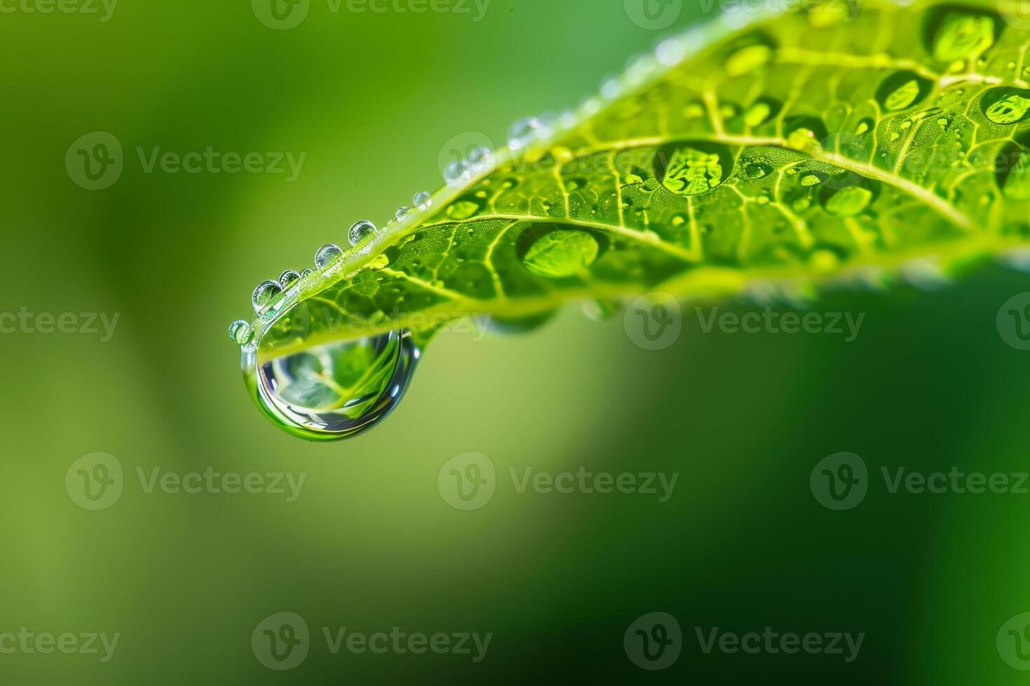 A drop of water is on a green leaf photo