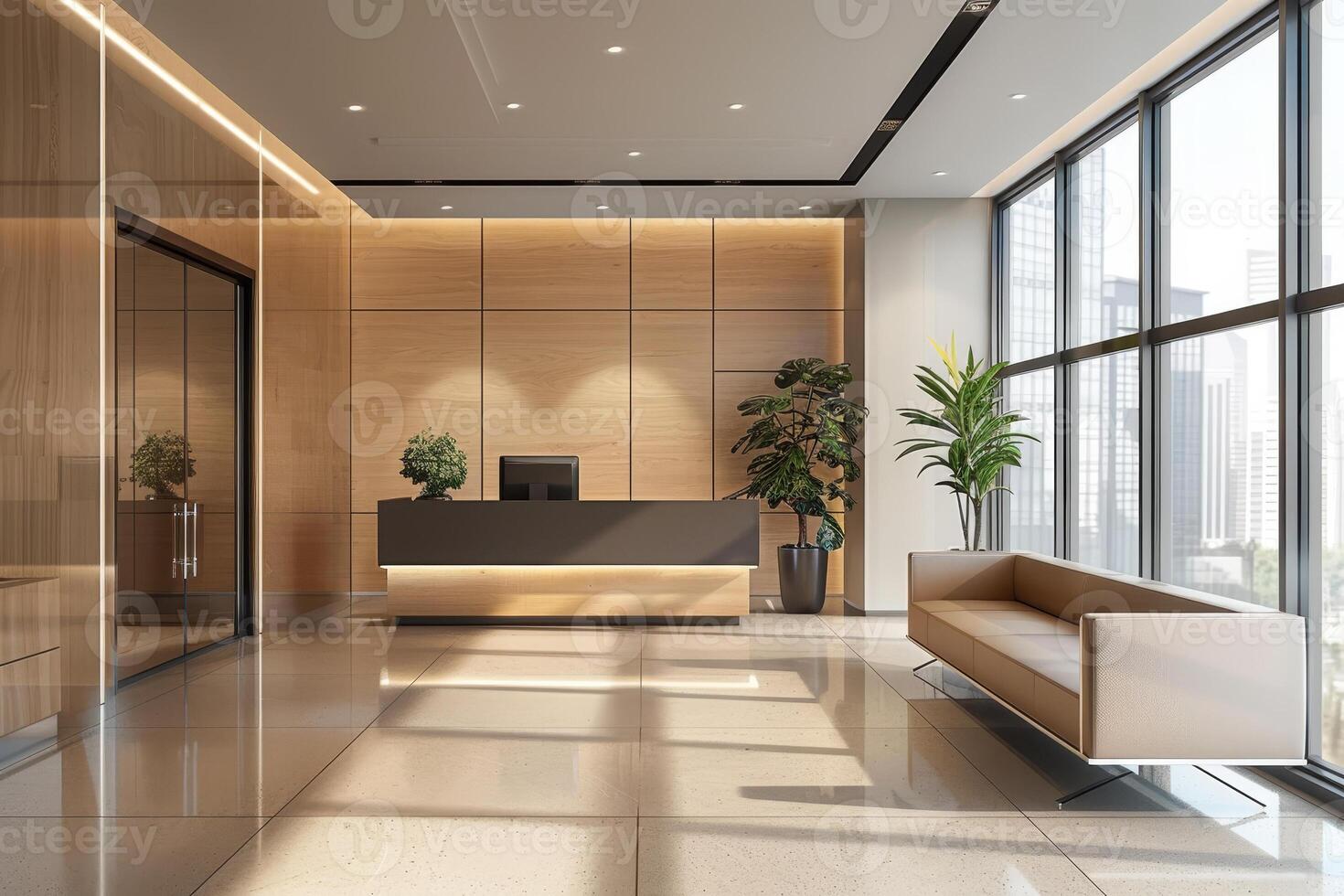 Modern office lobby with wooden flooring and large windows photo