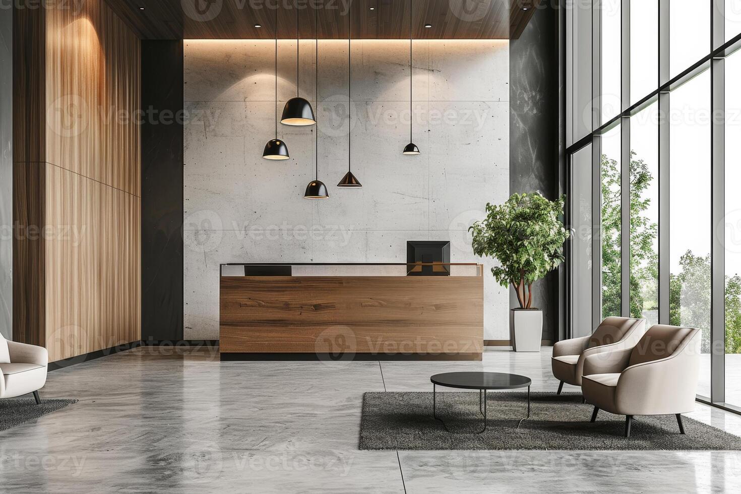 Modern office lobby with marble flooring and wooden walls photo