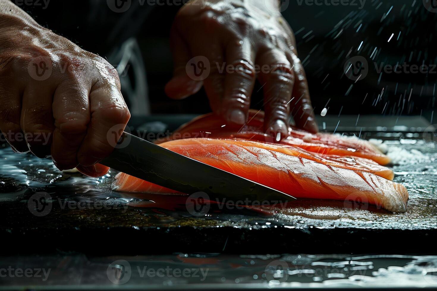 A person cutting up fish on a cutting board photo