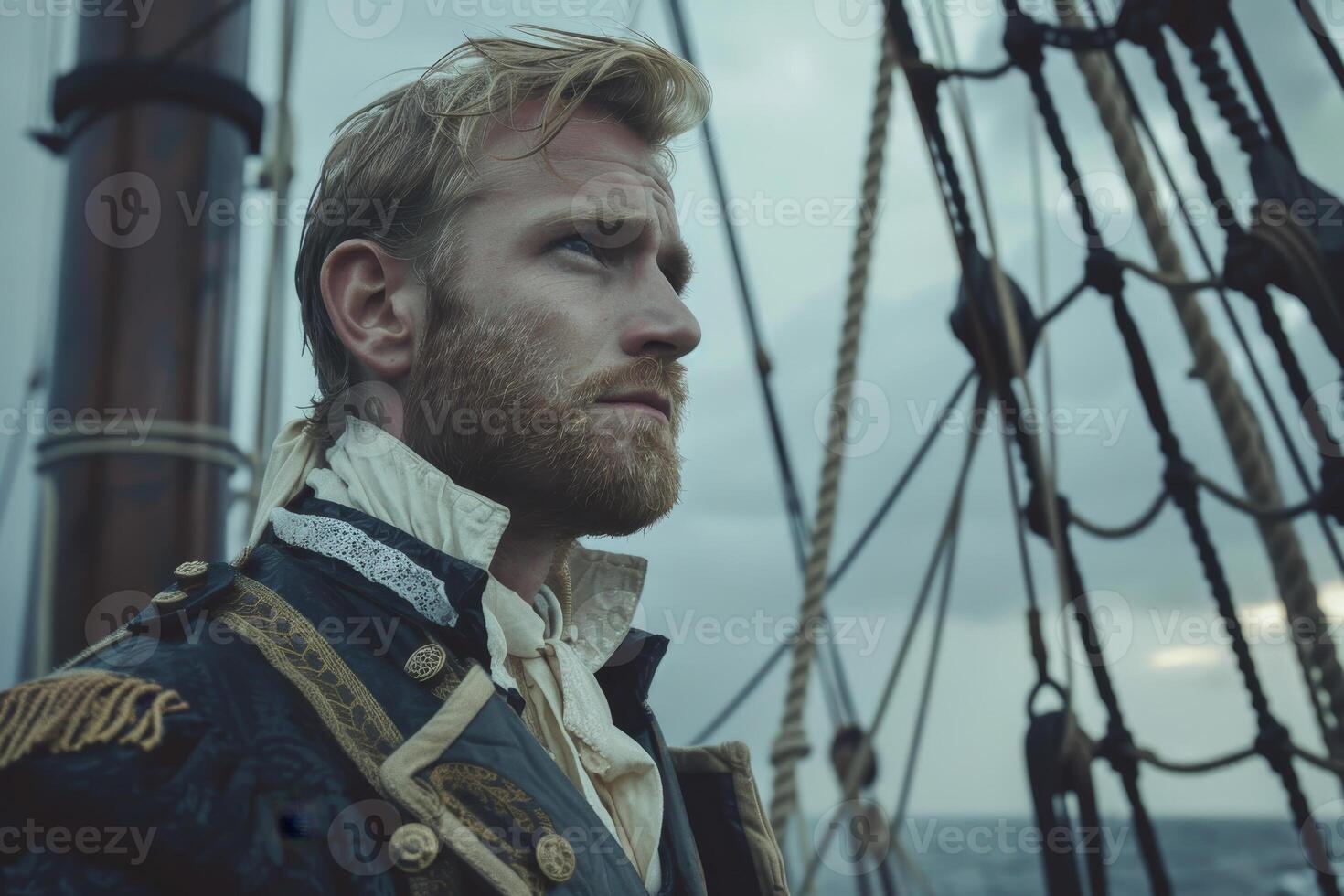 A man with a beard and a beard is standing on a ship photo