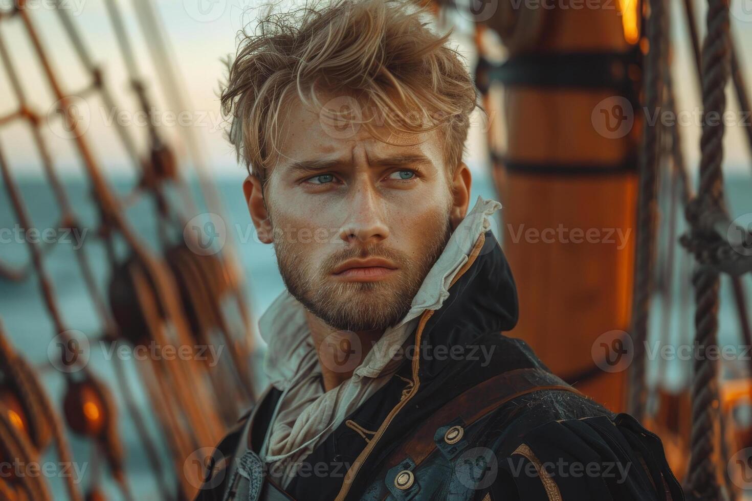 A man with a beard and blue eyes stands on a ship photo