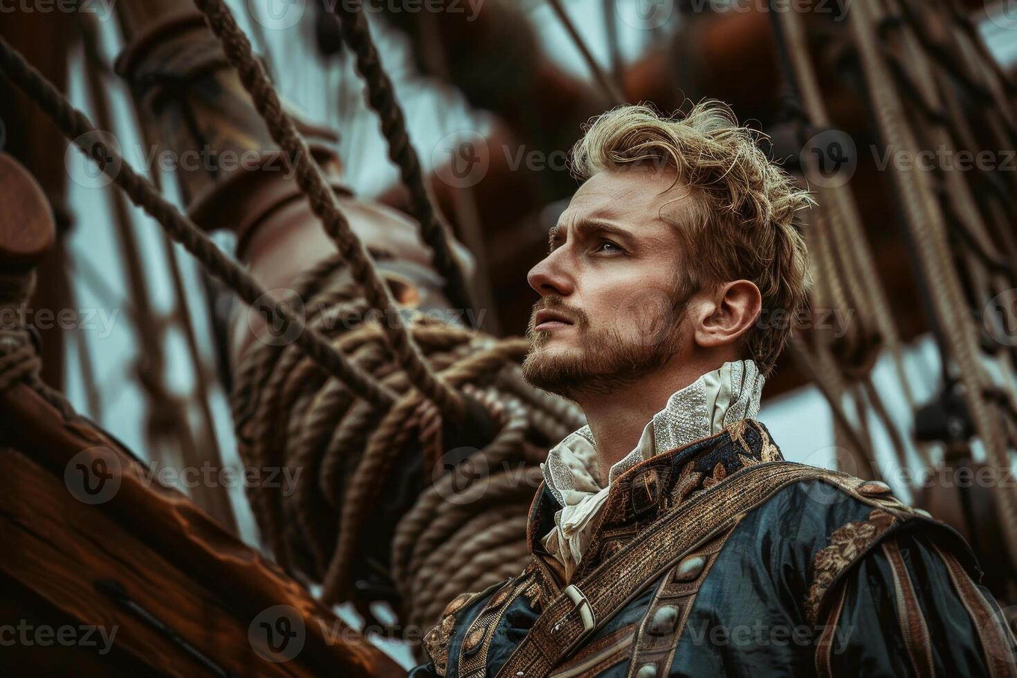 A man in a costume stands on a ship's mast photo