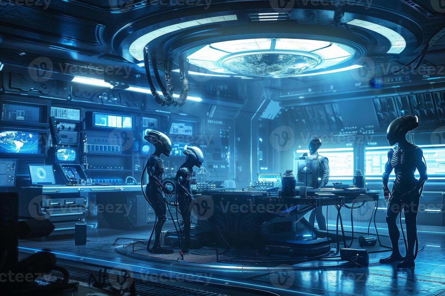 A group of aliens are standing around a table in a room with blue walls photo