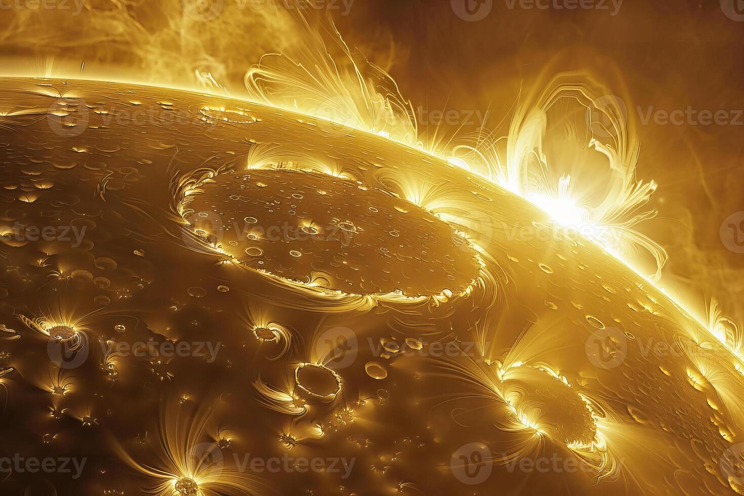 A yellow sun is shining on a planet with a lot of fire photo