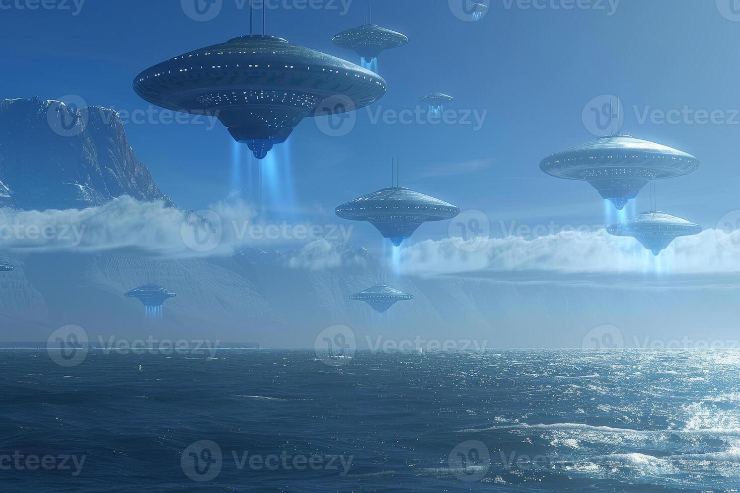 A blue sky with a few spaceships flying in the air photo