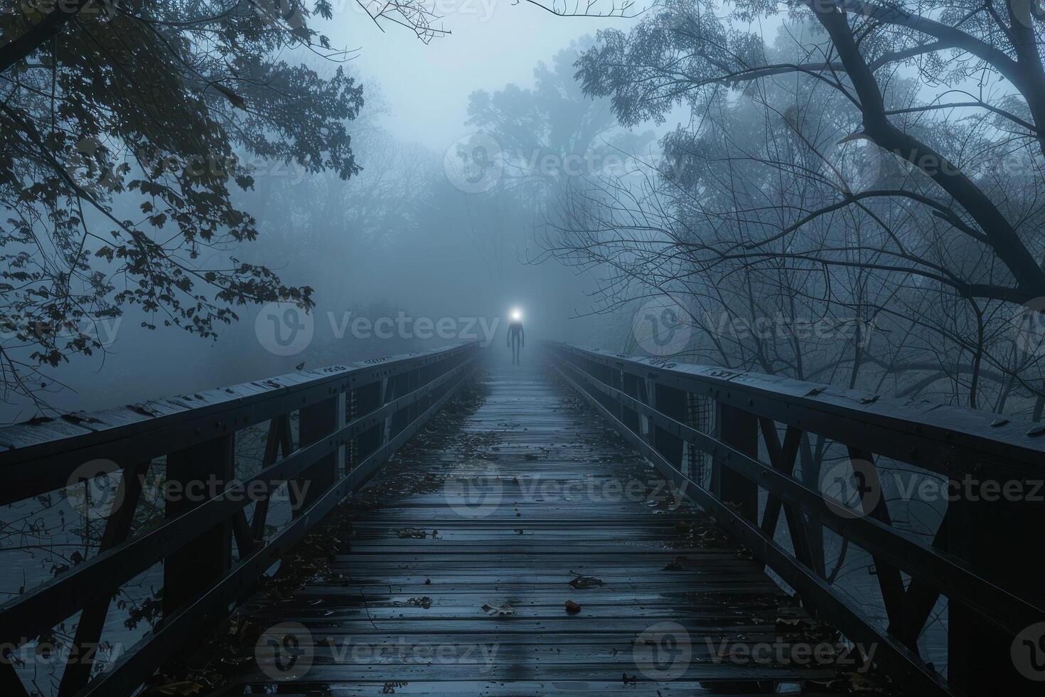 A person is walking on a bridge in the rain photo