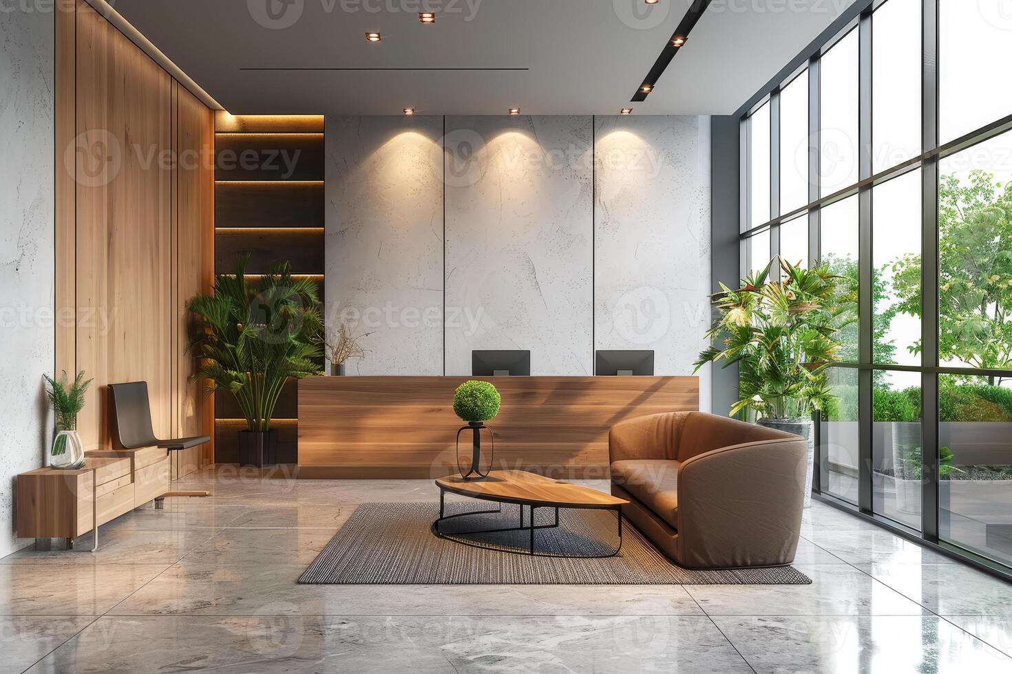 Modern office lobby with wooden furniture and plants photo