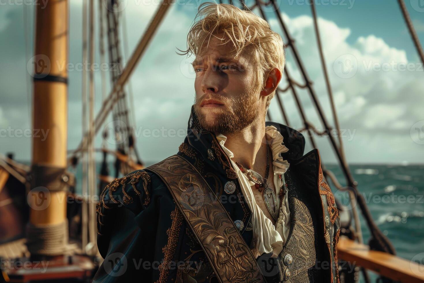 A man in pirate costume standing on a ship photo