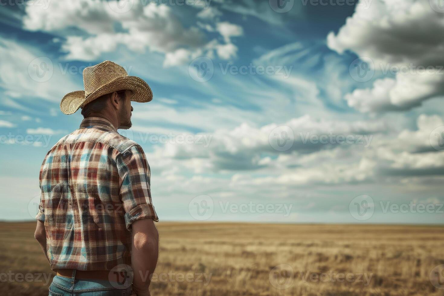 A man in a cowboy hat stands in a field photo