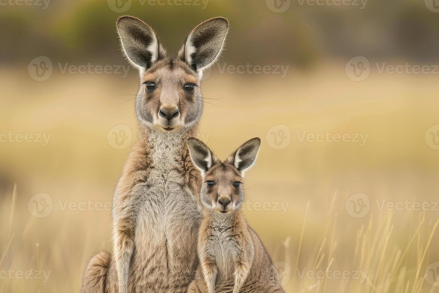 A mother kangaroo and her baby are standing in a field of tall grass photo