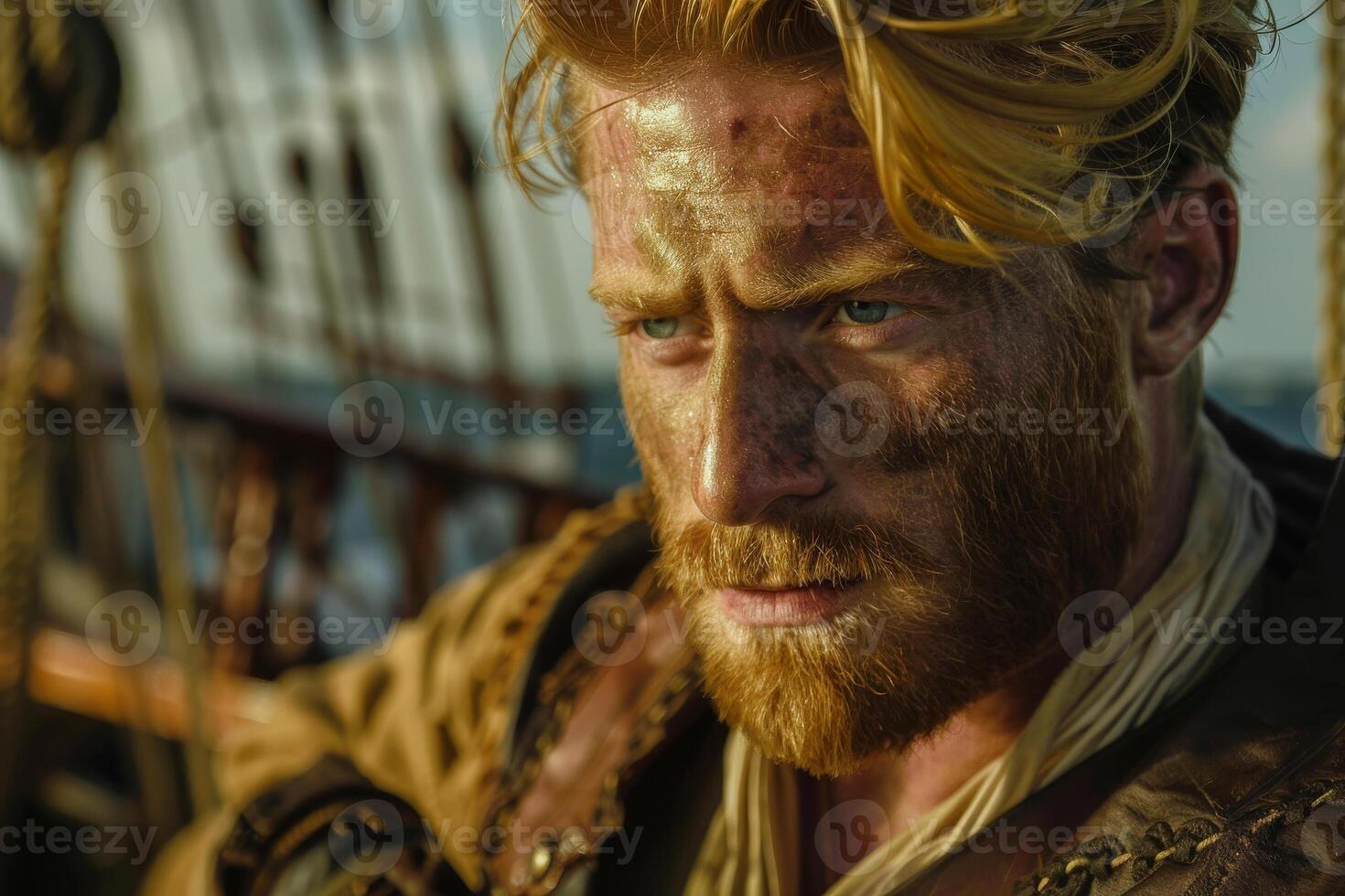 A man with red hair and beard on a boat photo