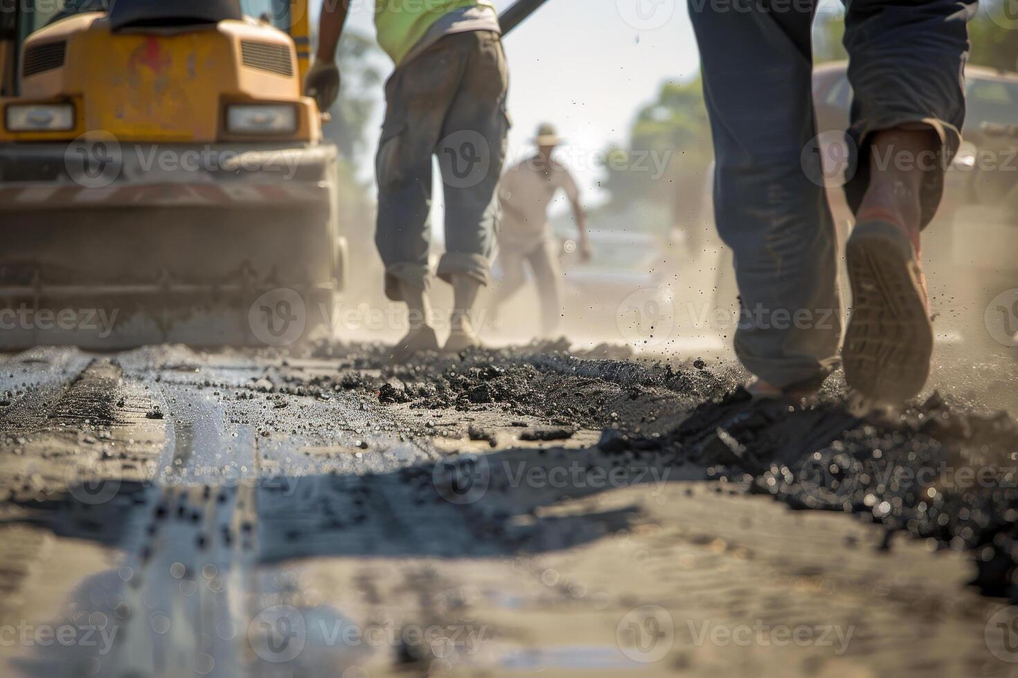 Construction workers walking on a road with a bulldozer photo