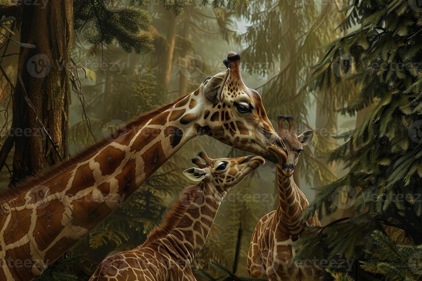 A giraffe and two baby giraffes in a forest photo