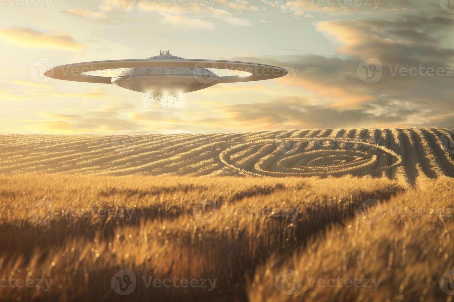 A large spaceship is flying over a field of tall grass photo