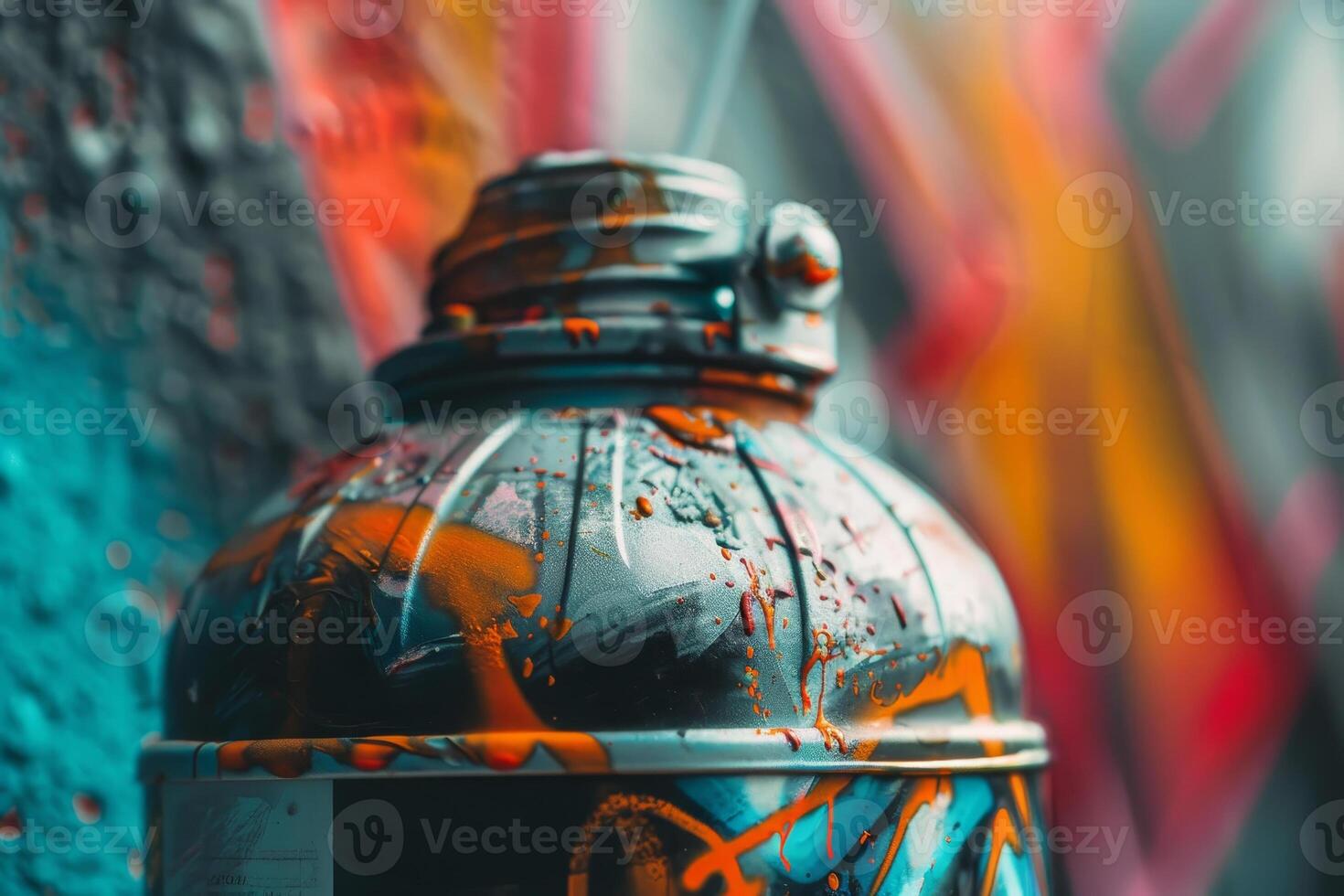 A spray can with graffiti on it sitting against a wall photo