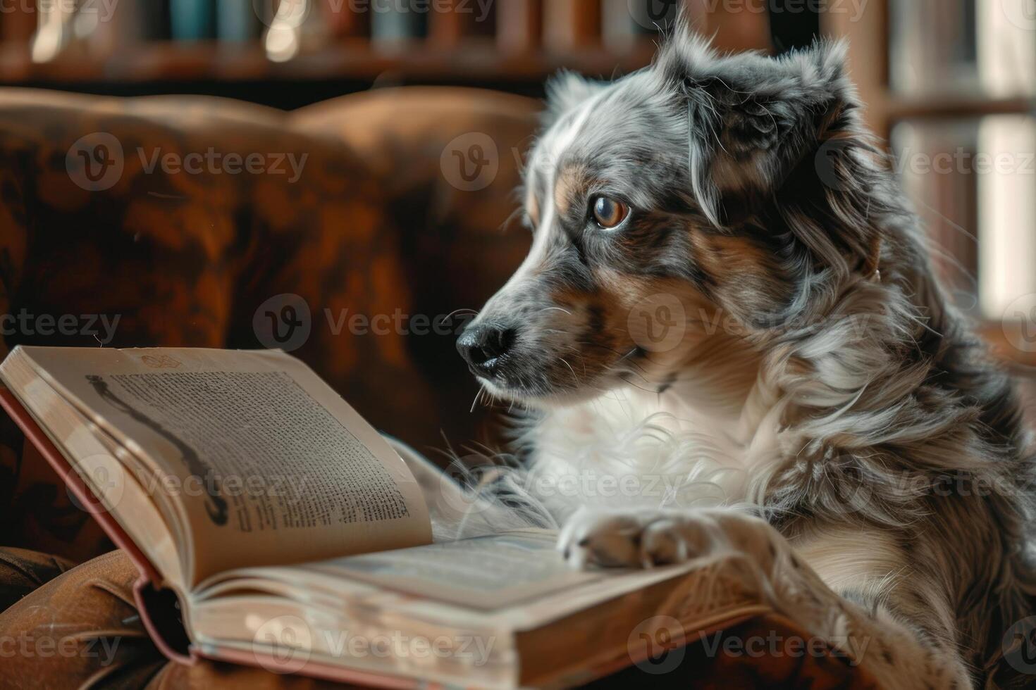 A dog is laying on a couch and looking at an open book photo