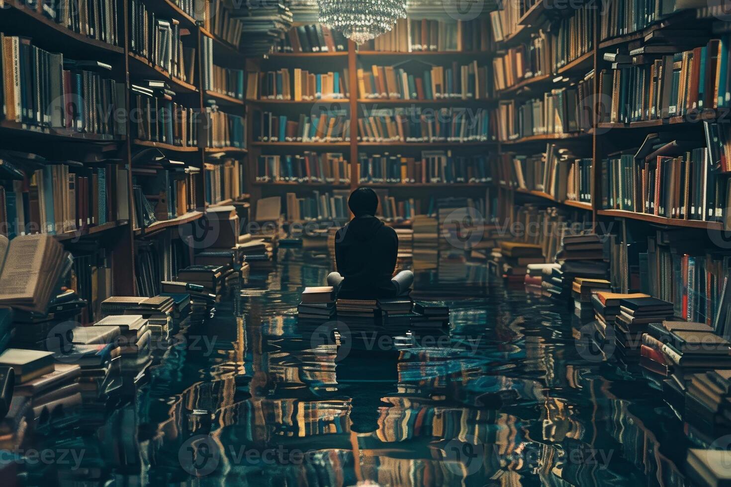 A man sits in a flooded library, surrounded by books photo