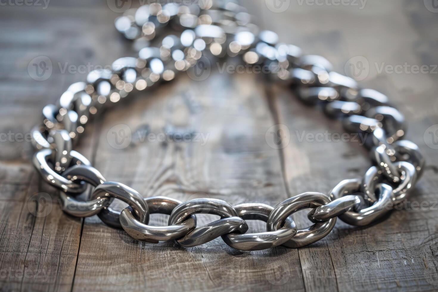 A silver chain with a silver clasp is laying on a wooden surface photo