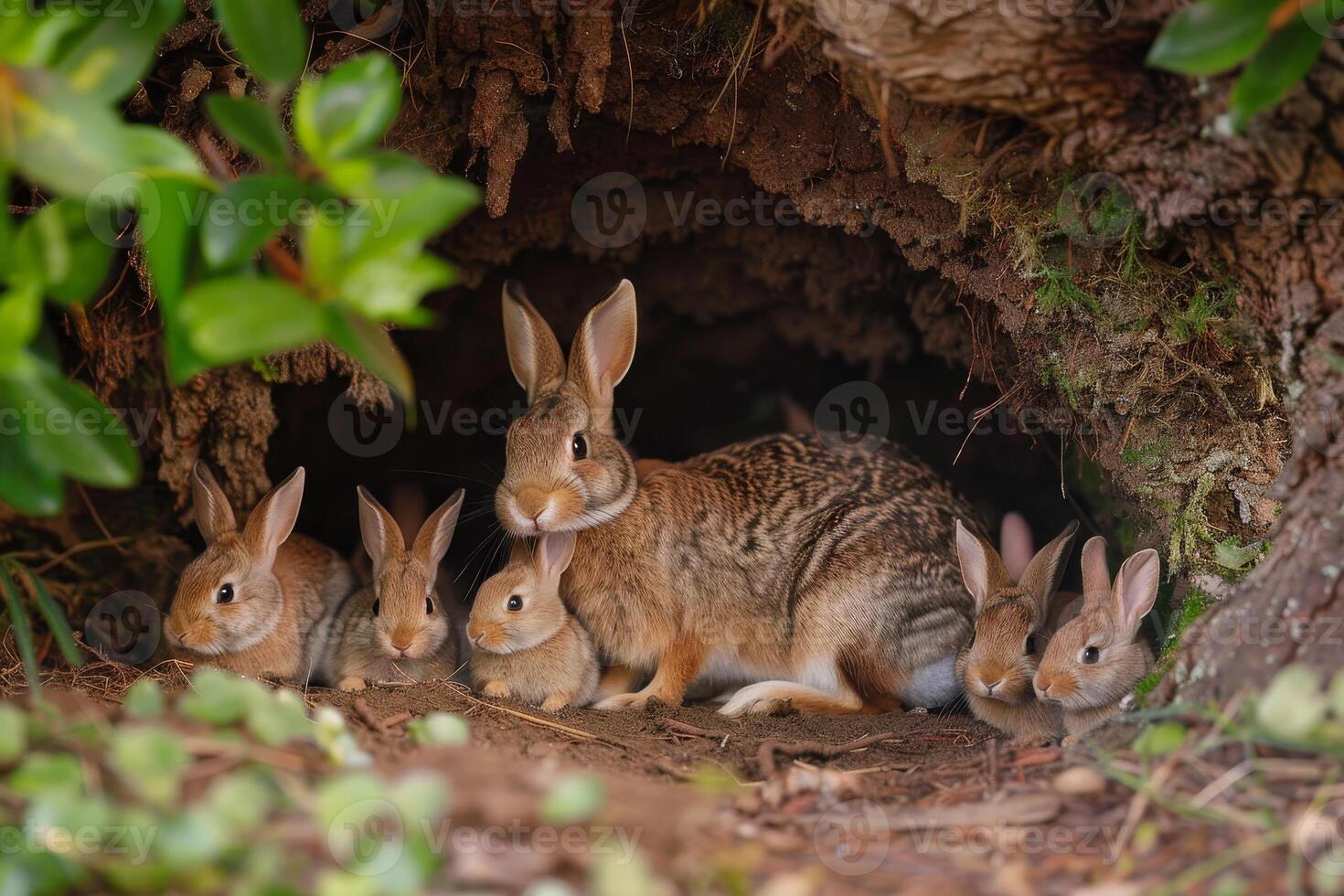 A family of rabbits in a hole photo