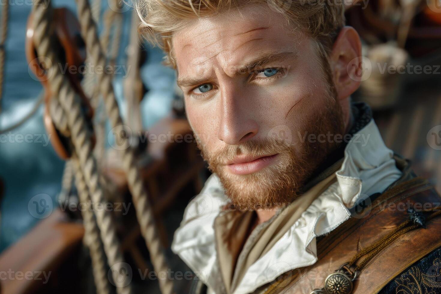 A man with blonde hair and beard on a pirate ship photo