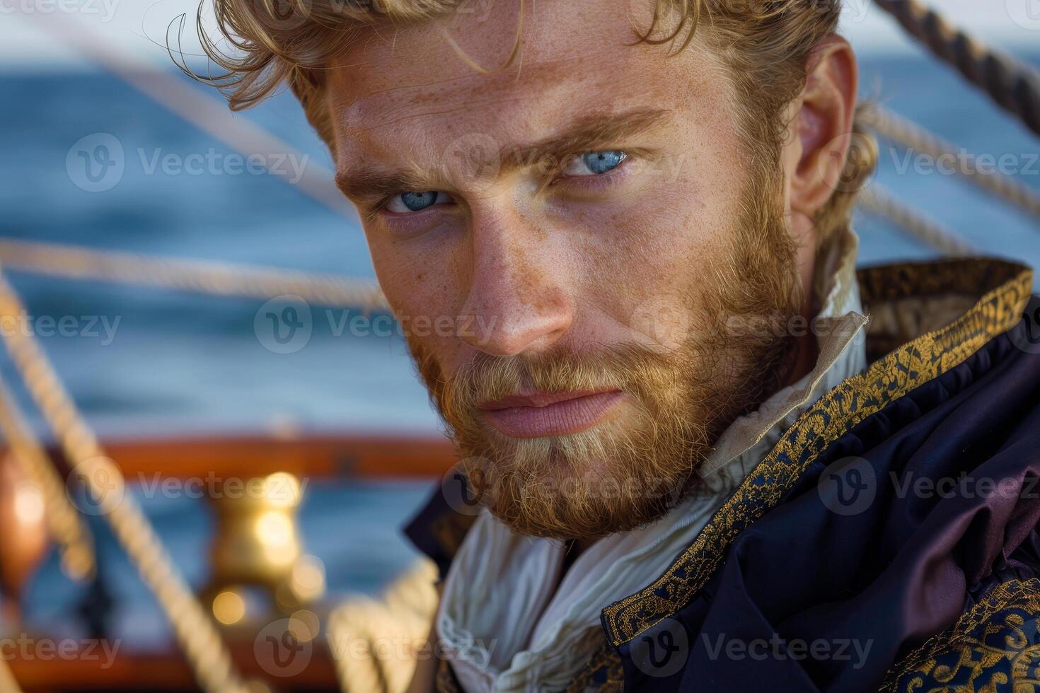 A man with a beard and blue eyes on a boat photo