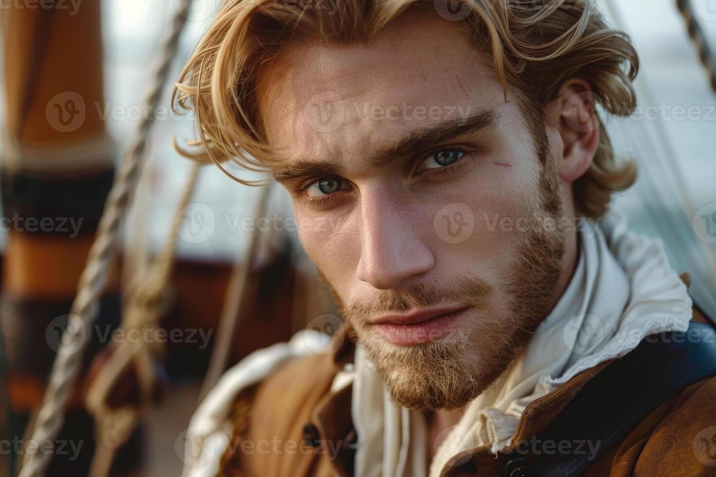 A man with blonde hair and blue eyes on a boat photo