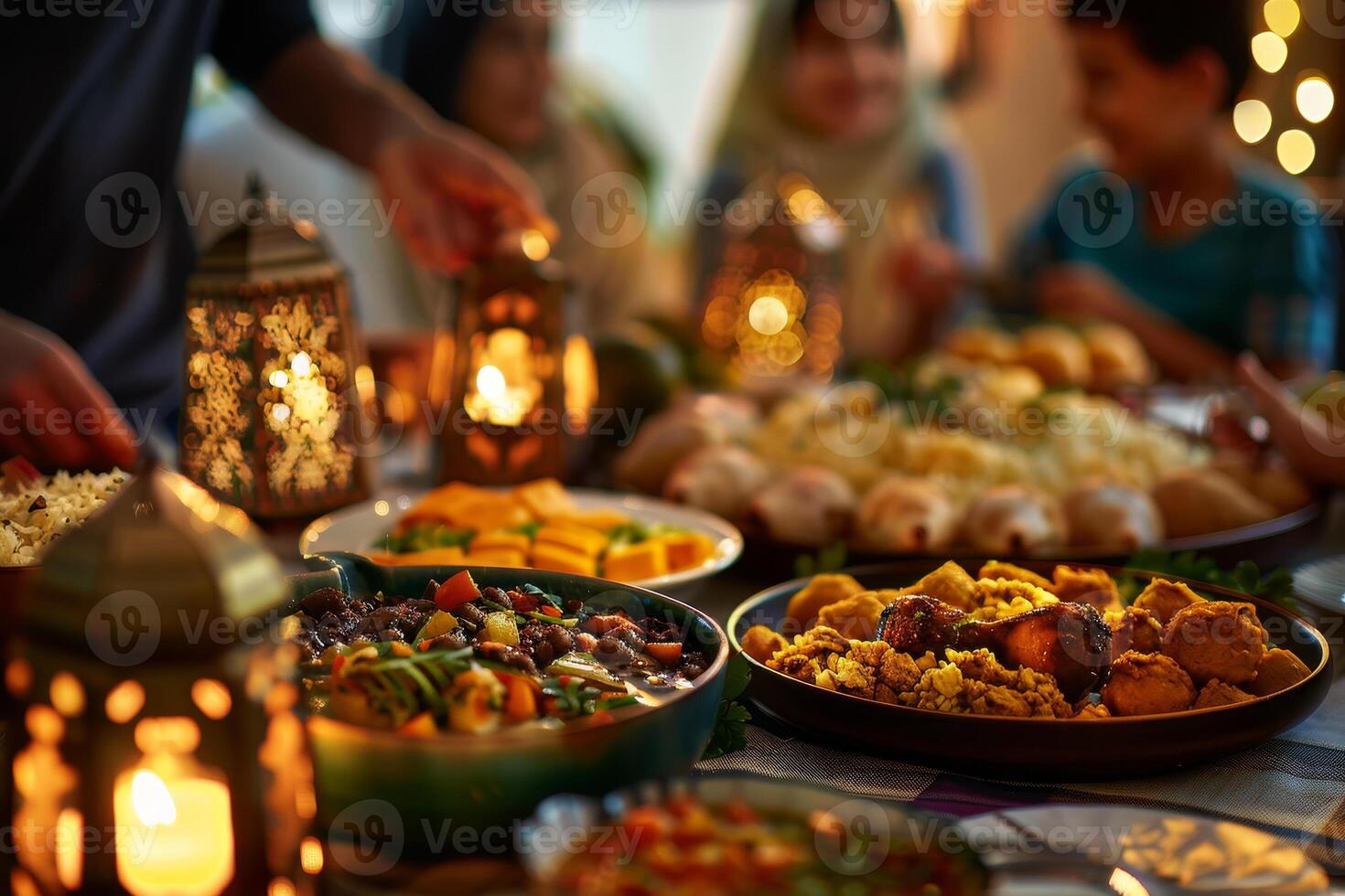 A table full of food with people sitting around it photo
