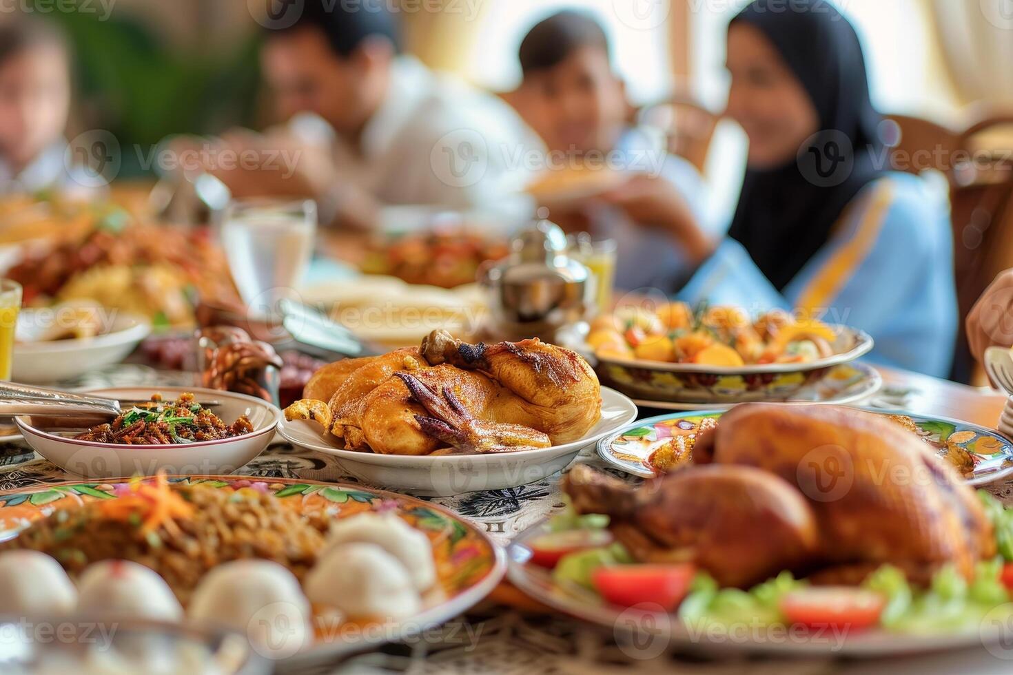 A family is sitting at a table with many plates of food photo