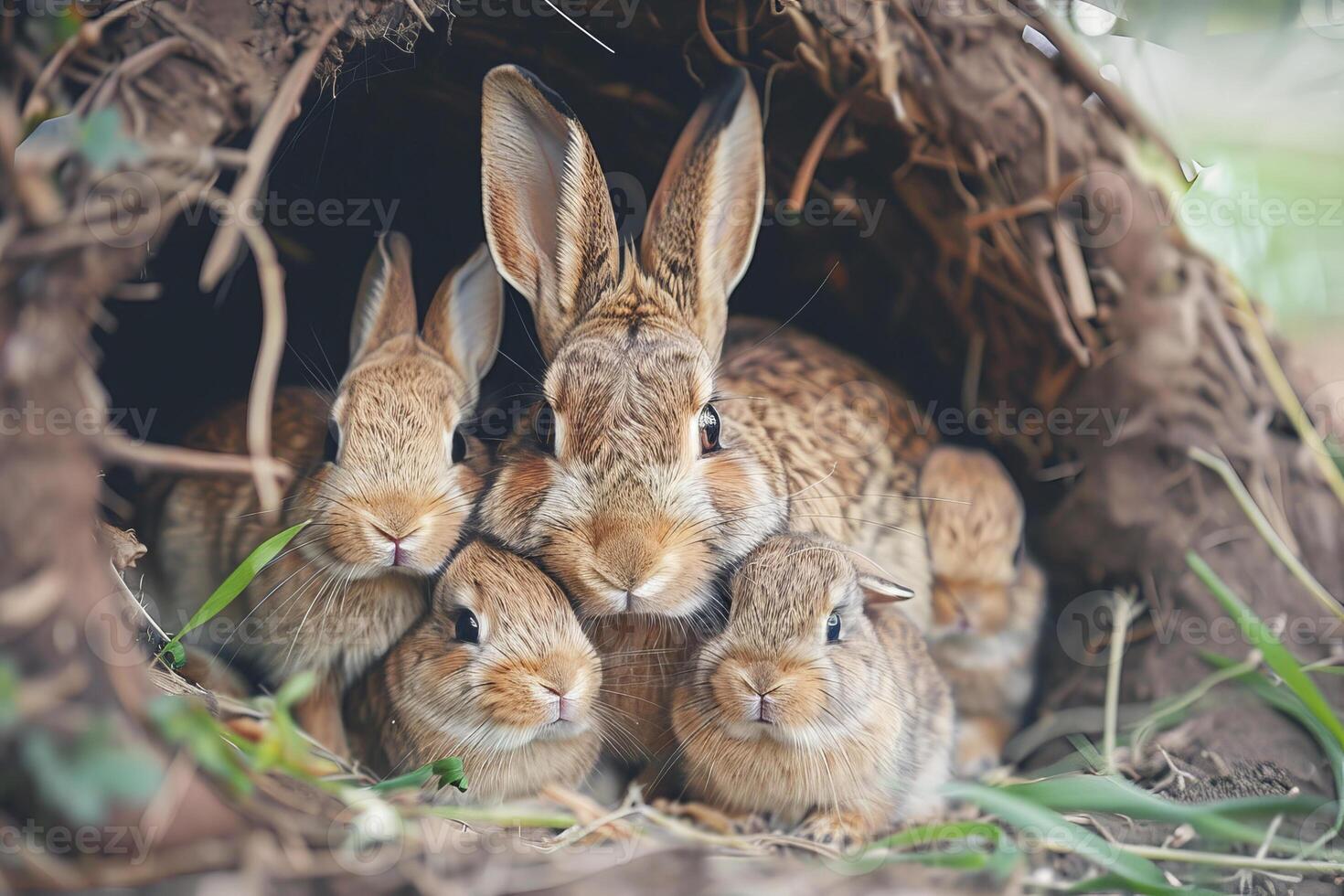 A group of baby rabbits huddled together in a burrow photo