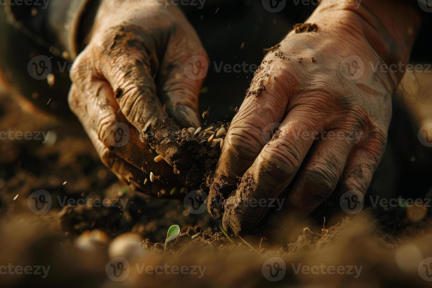 Hands of an old man planting seeds in the soil photo