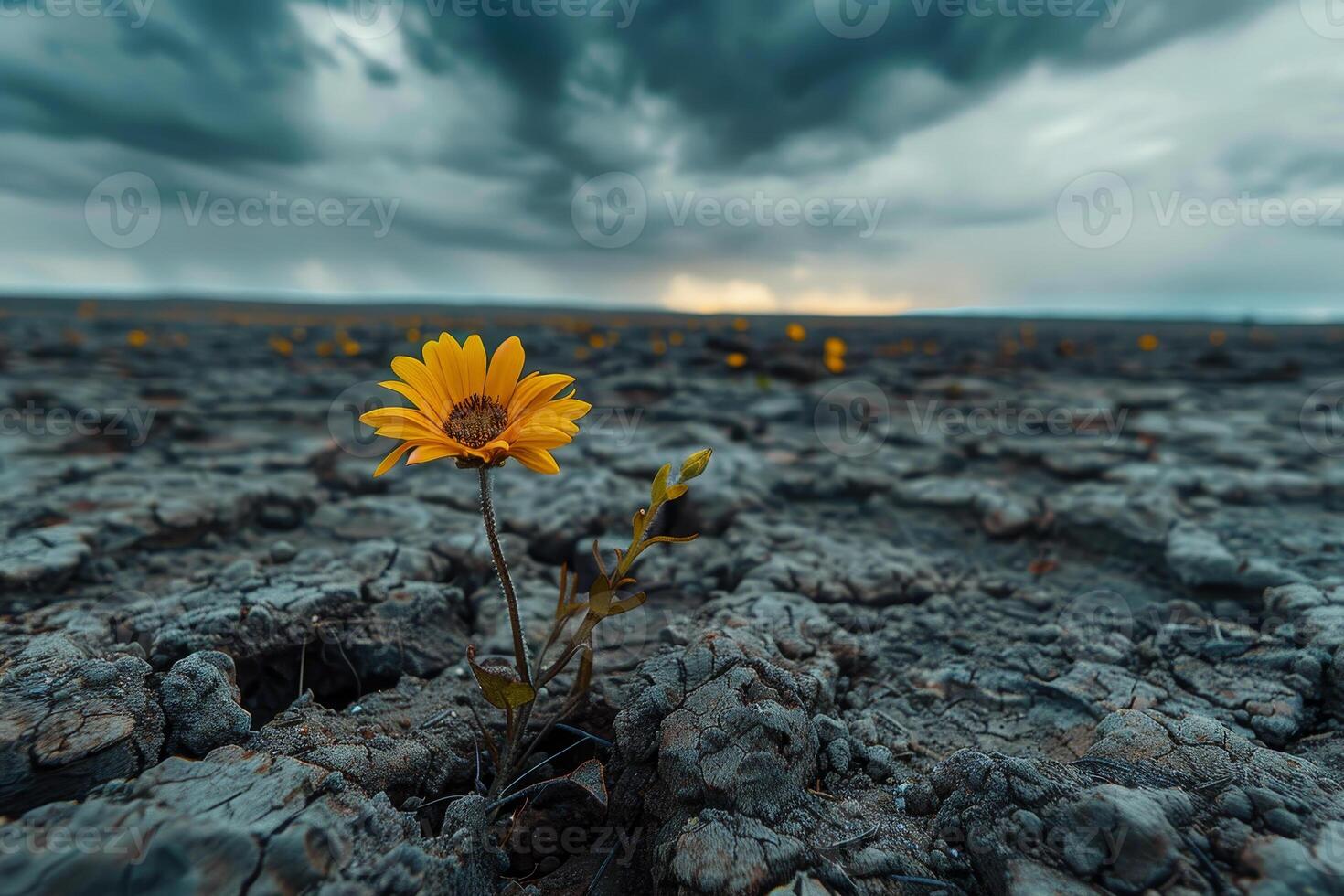A lone yellow flower stands out in a barren field photo
