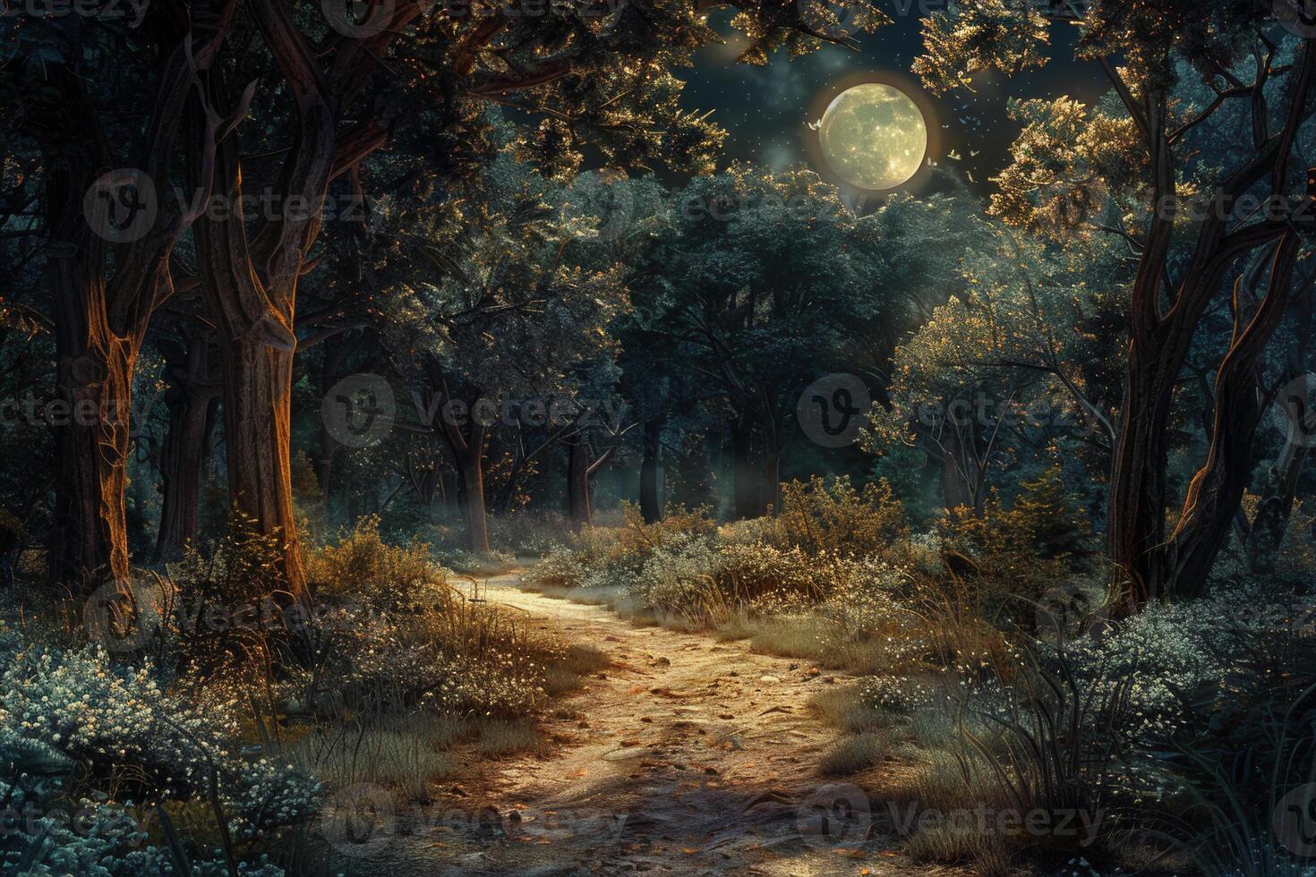 A moonlit forest path with a large moon in the sky photo