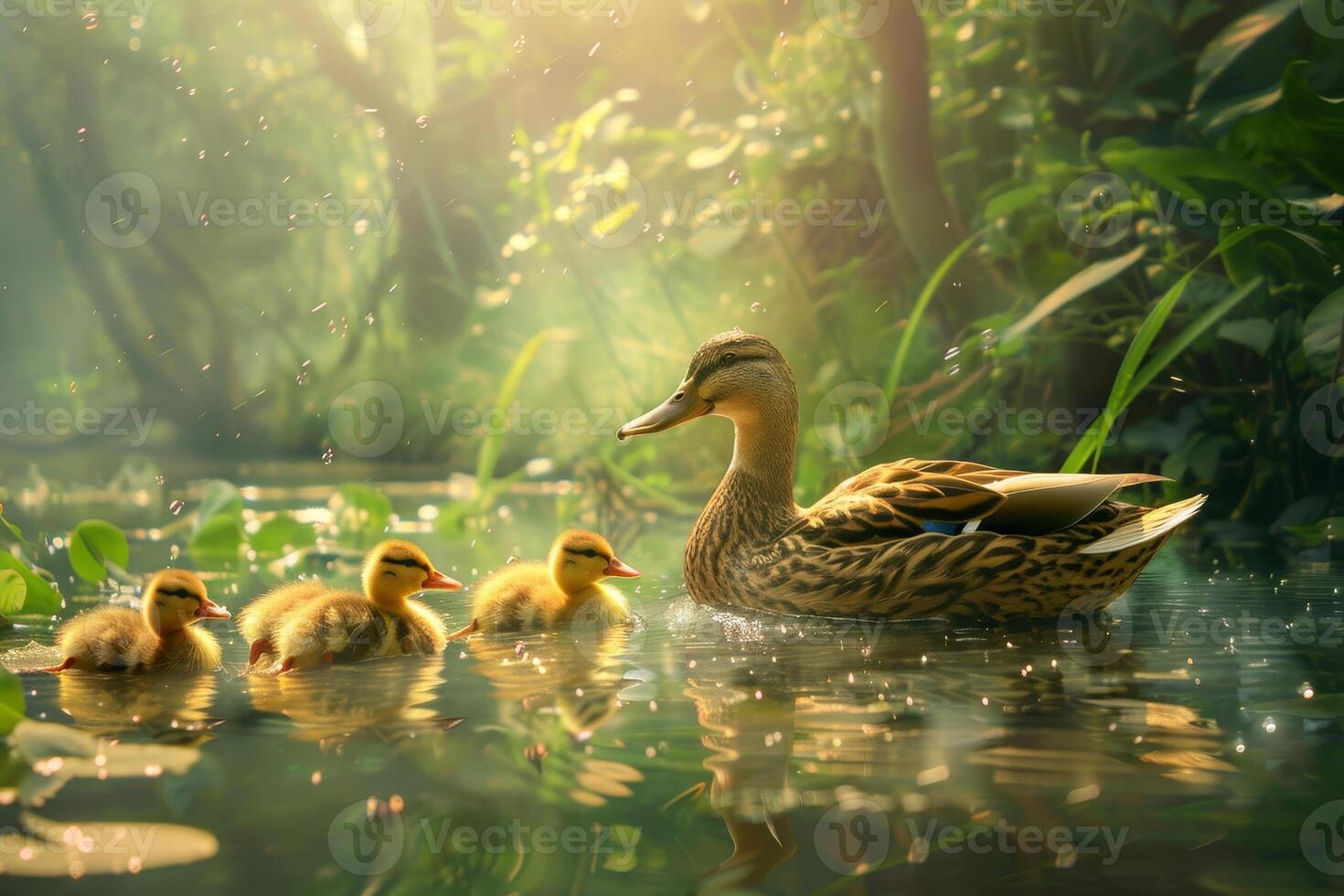 A mother duck and her three ducklings are swimming in a pond photo