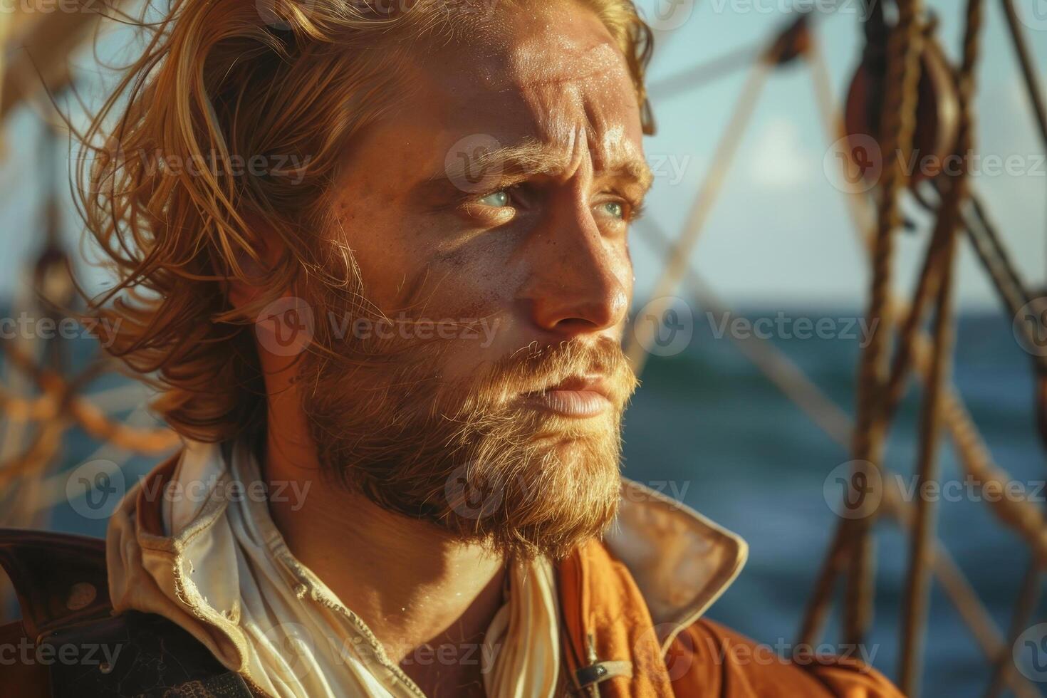 A man with long hair and beard on a boat photo